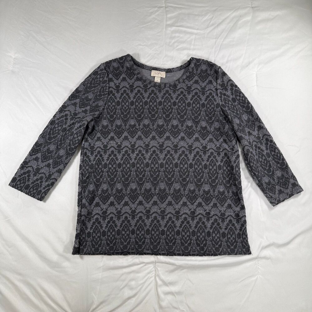 Loft 3/4 Sleeve Black & Gray Geometric Patterned Top